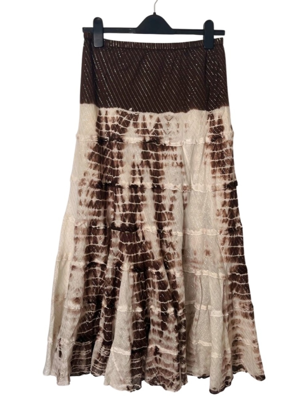 Y2K Le Grenier Tie Dye Tiered Midi Skirt Fairy Grunge Brown Boho Cotton